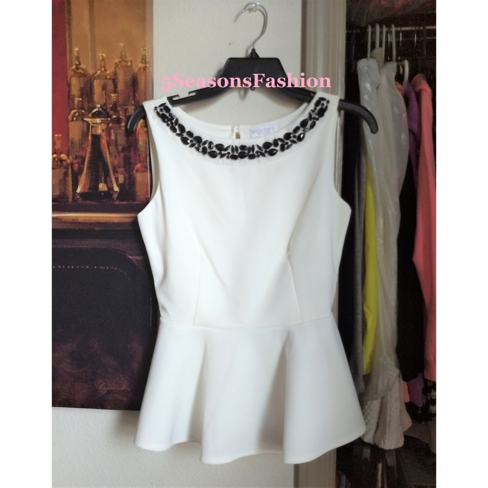 NEW! Bisou Bisou Top White Peplum Embelished Gems